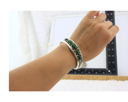 Navajo Cuff Bracelet Sterling Silver Natural Malachite Vintage Signed R Long Sr