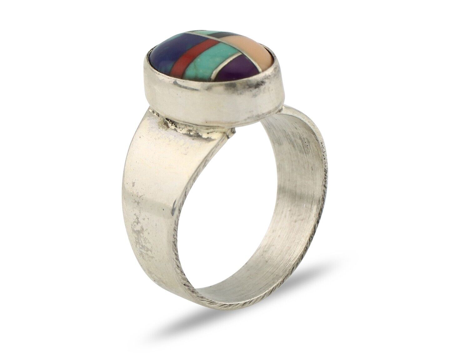 Zuni Inlaid Ring 925 Silver Mixed Natural Gemstones Native American Artist C.80s