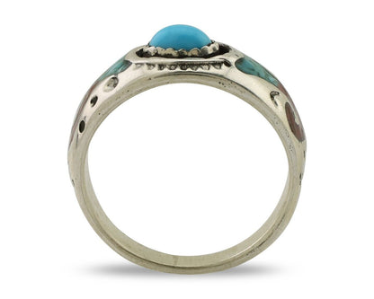 Navajo Ring 925 Silver Turquoise & Coral Natural American Artist C.80's