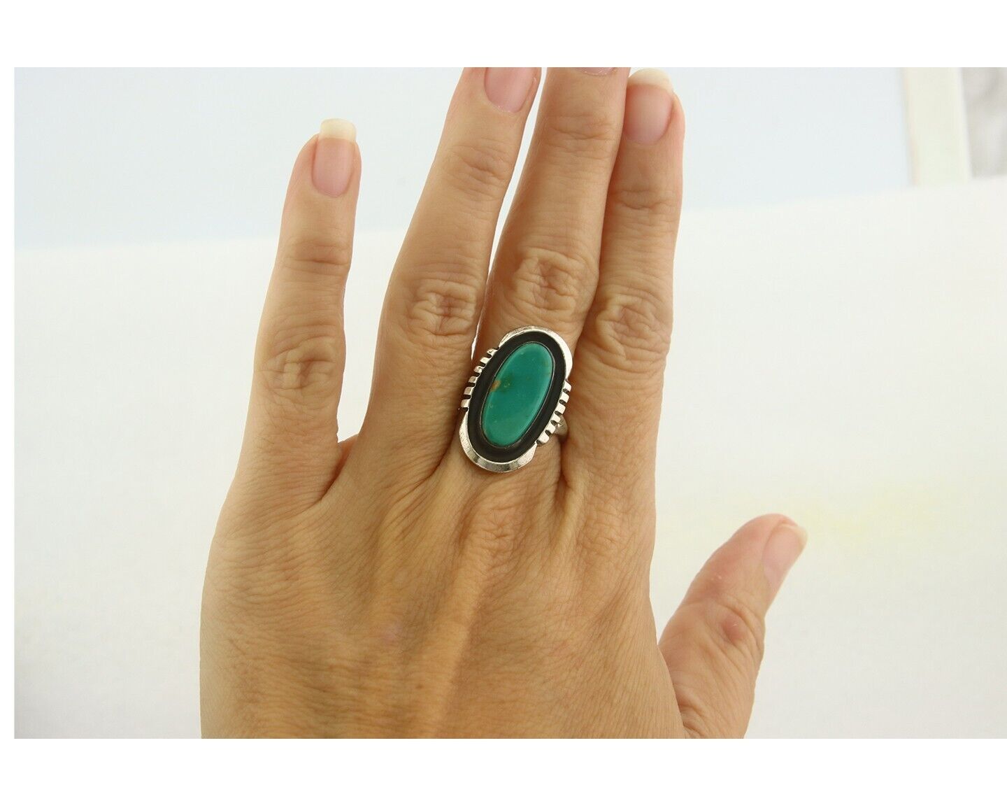Navajo Ring 925 Sterling Natural Blue Turquoise Native Artist C.80's Size 7.75