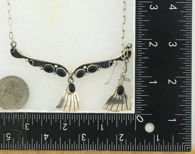 Navajo Necklace Earring Set Sterling Silver Onyx Vintage Native Artist