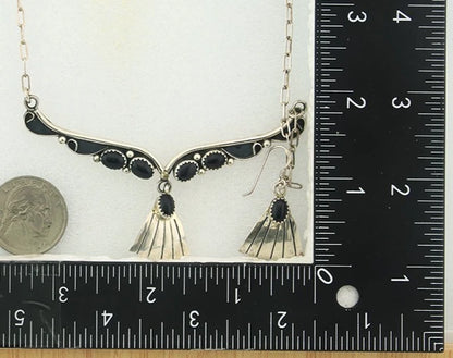 Navajo Necklace Earring Set Sterling Silver Onyx Vintage Native Artist