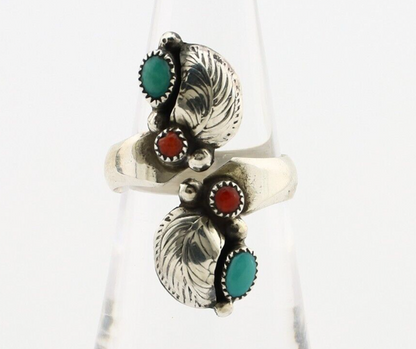 Navajo Adjustable Ring 925 Silver Turquiose & Coral Native Artist C.80's