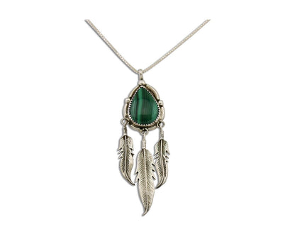 Large Navajo Pendant 925 Silver Natural Malachite Native American Artist C.80's