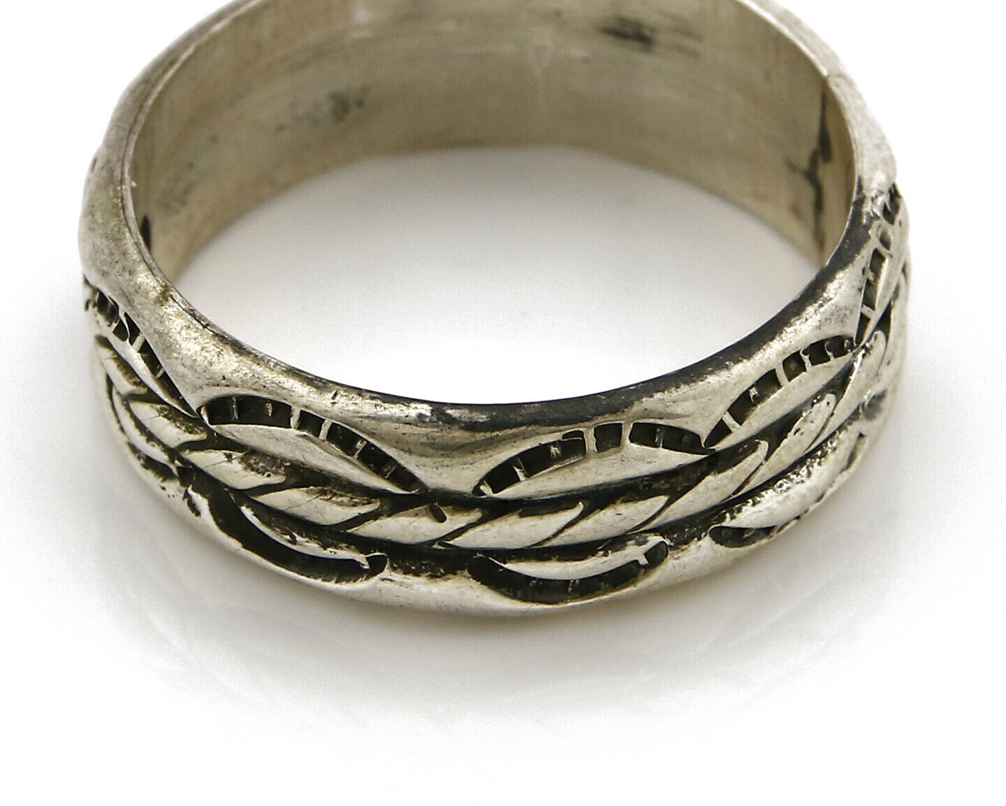 Navajo Ring .925 Silver Handmade Hand Stamped 3 Row Rope Band C.1980's Size 14.5