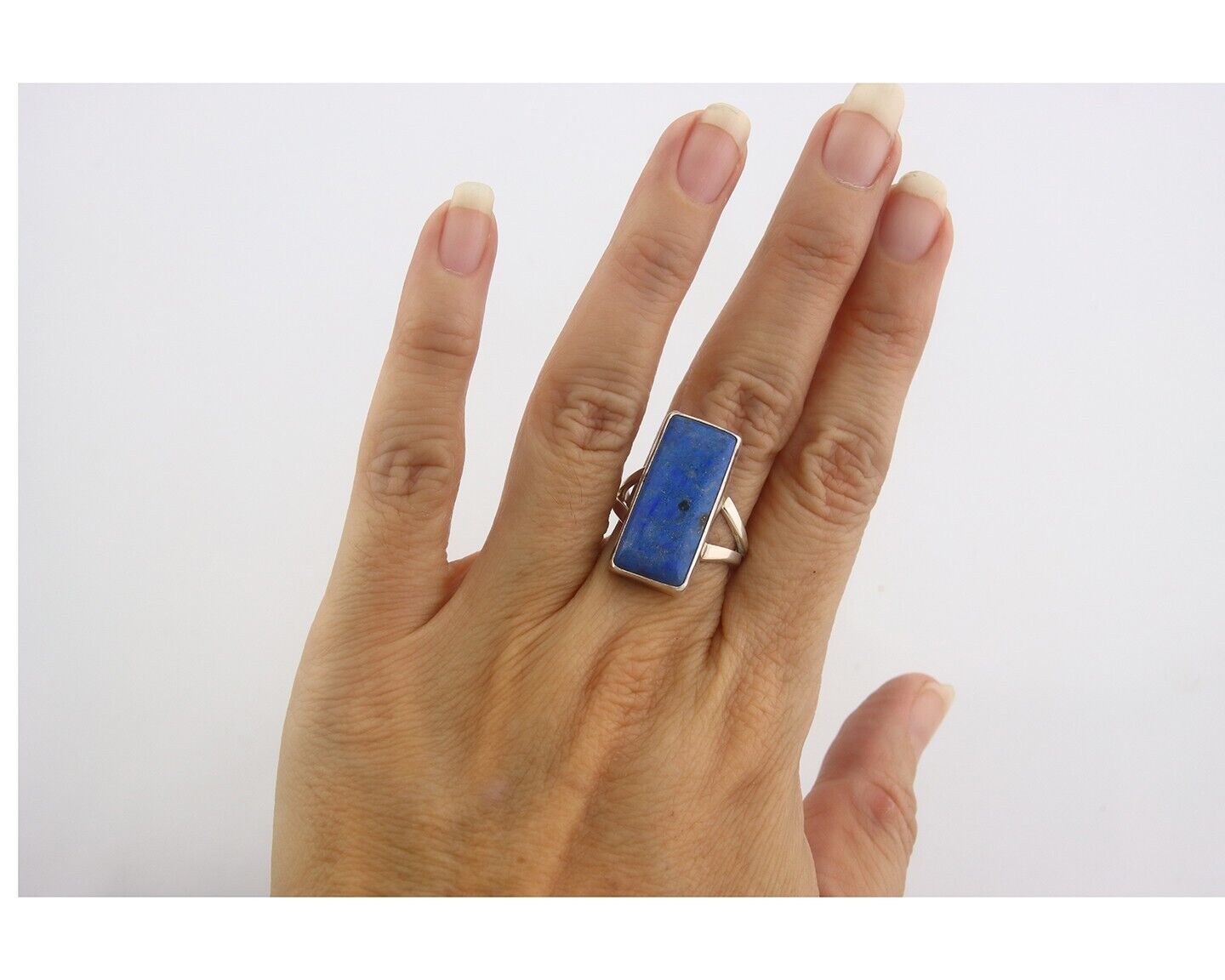 Navajo Ring 925 Sterling Lapis Handmade Native Artist C.80's Size 7.0