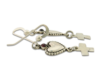 Navajo Earrings 925 Silver Heart Cross Amethyst Native American Artist C.80's