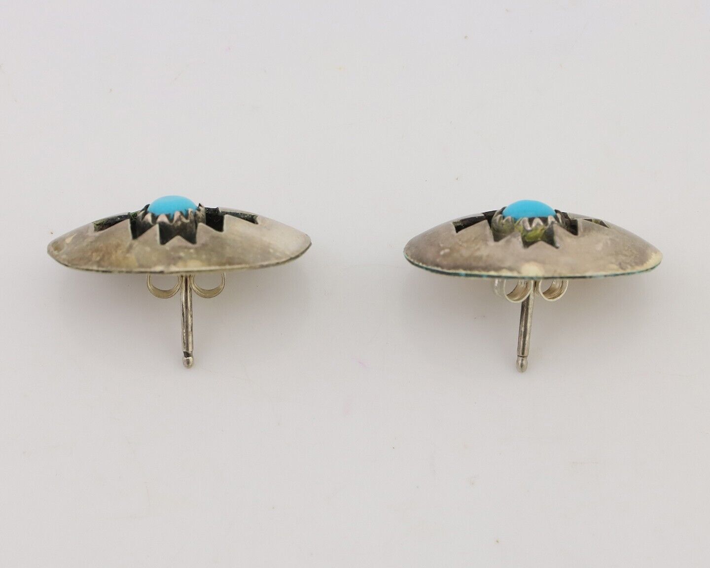 Navajo Hand Cut Earrings 925 Silver Blue Natural Turquoise Native Artist C.80's