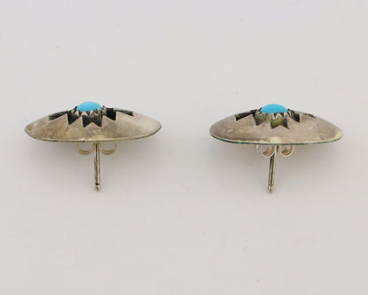 Navajo Hand Cut Earrings 925 Silver Blue Natural Turquoise Native Artist C.80's