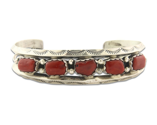 Vintage Navajo Bracelet 925 Silver Red Coral Signed Verman Benally
