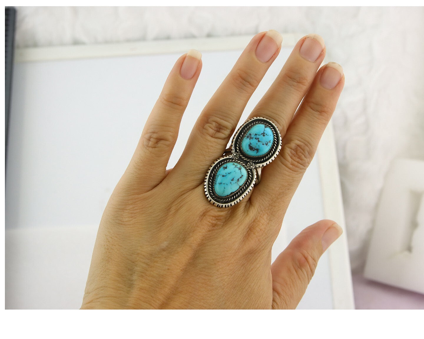 Vintage Navajo Ring 925 Sterling Silver Turquoise Signed Tom Willeto Size 7.5