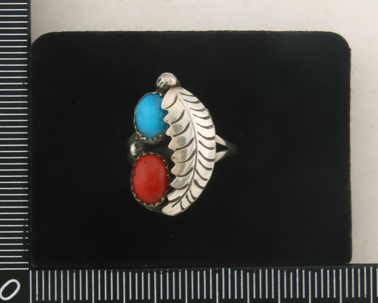 Navajo Ring 925 Sterling Natural Coral & Turquoise Signed BB C.80's Size 6.0