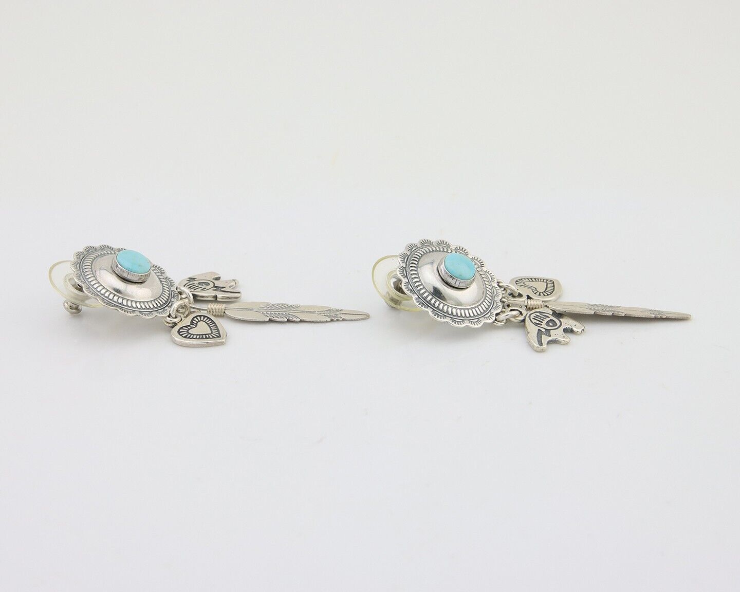 Navajo Concho Dangle Bear Feather Heart Earrings 925 Silver Natural Turquoise