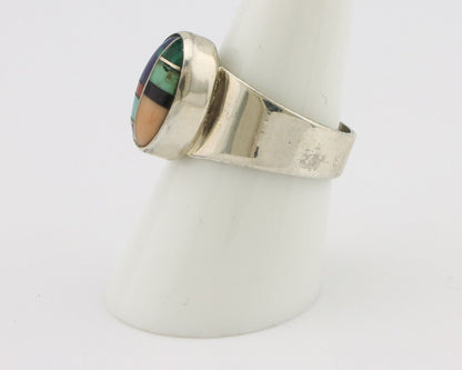 Zuni Inlaid Ring 925 Silver Mixed Natural Gemstones Native American Artist C.80s