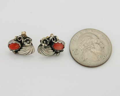 Navajo Earrings 925 Silver Natural Red Coral Native American Artist C.80's