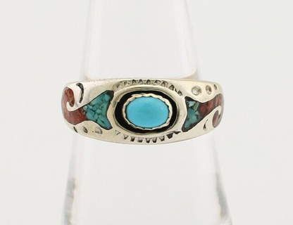 Navajo Ring 925 Silver Turquoise & Coral Natural American Artist C.80's