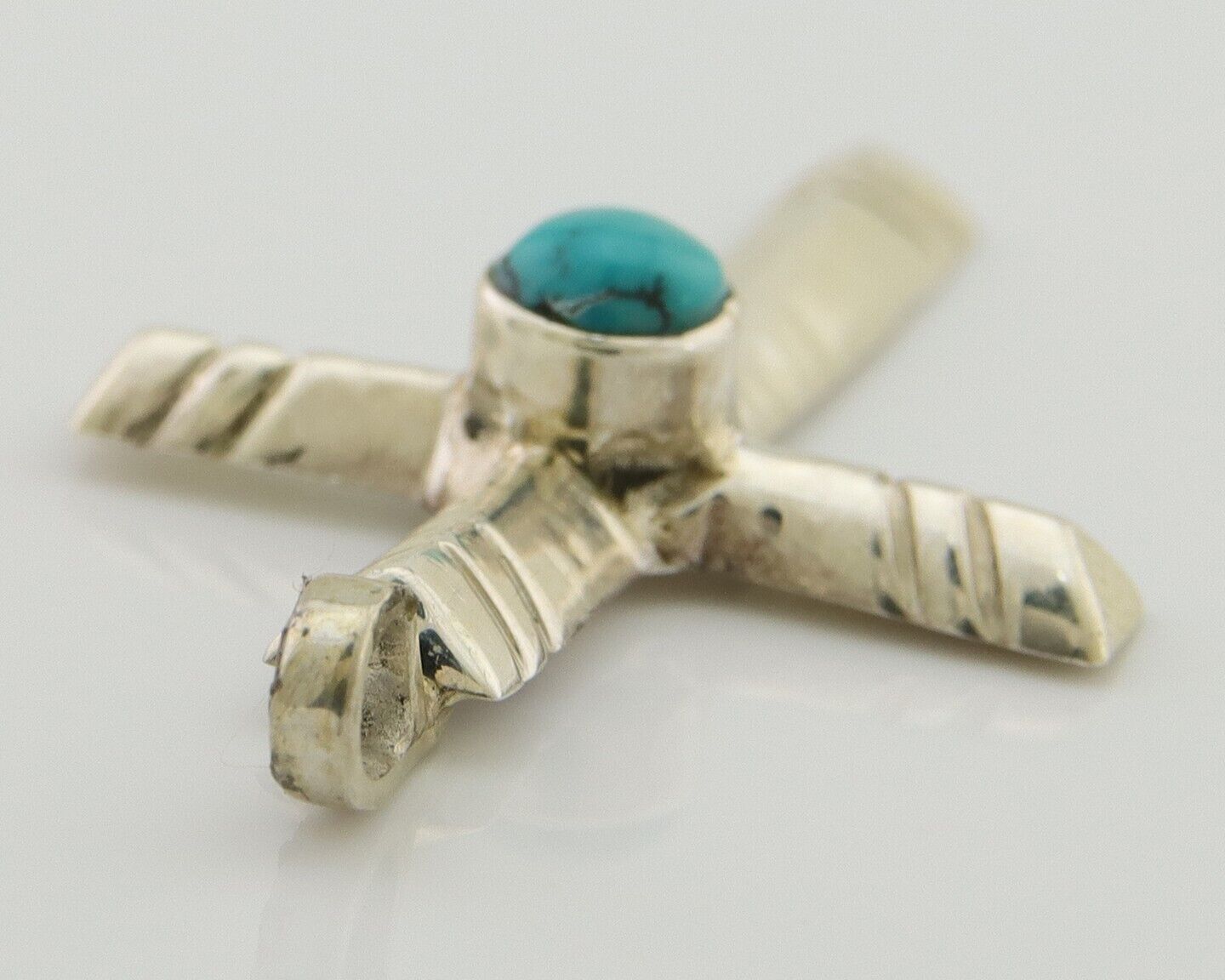 Navajo Sand Cast Cross Pendant 925 Silver Turquoise Artist Signed J Yazzie C.80s
