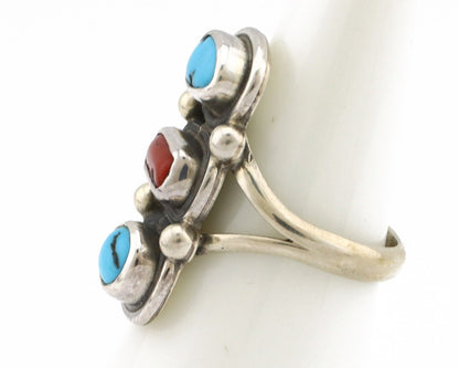Navajo Ring 925 Silver Sleeping B Turquoise & Coral Native American Artist C.80s
