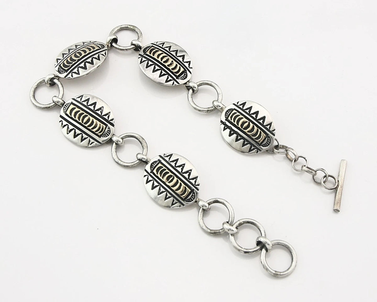 Navajo Cuff Bracelet Sterling Silver & 14k Gold Vintage Signed RT C.80's