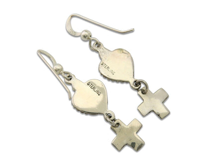 Navajo Earrings 925 Silver Heart Cross Natural Onyx Native American Artist C.80s