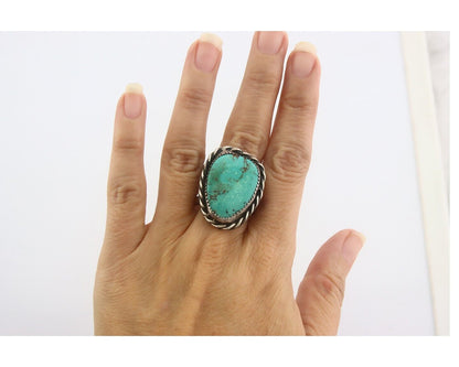 Navajo Ring 925 Sterling Turquoise Handmade Signed Diamond C.70's Size 11