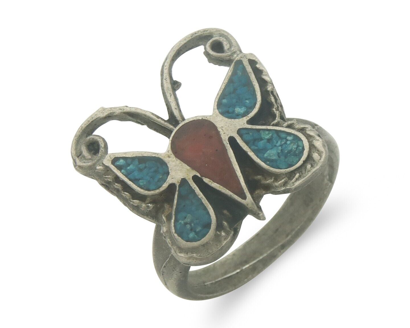 Navajo Ring 925 Silver Inlaid Butterfly Turquoise & Coral C.80's Size 5.0