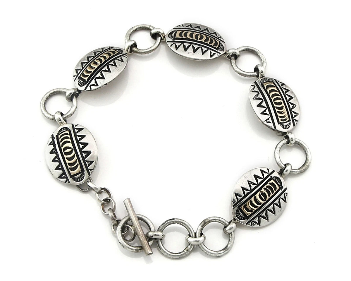 Navajo Cuff Bracelet Sterling Silver & 14k Gold Vintage Signed RT C.80's