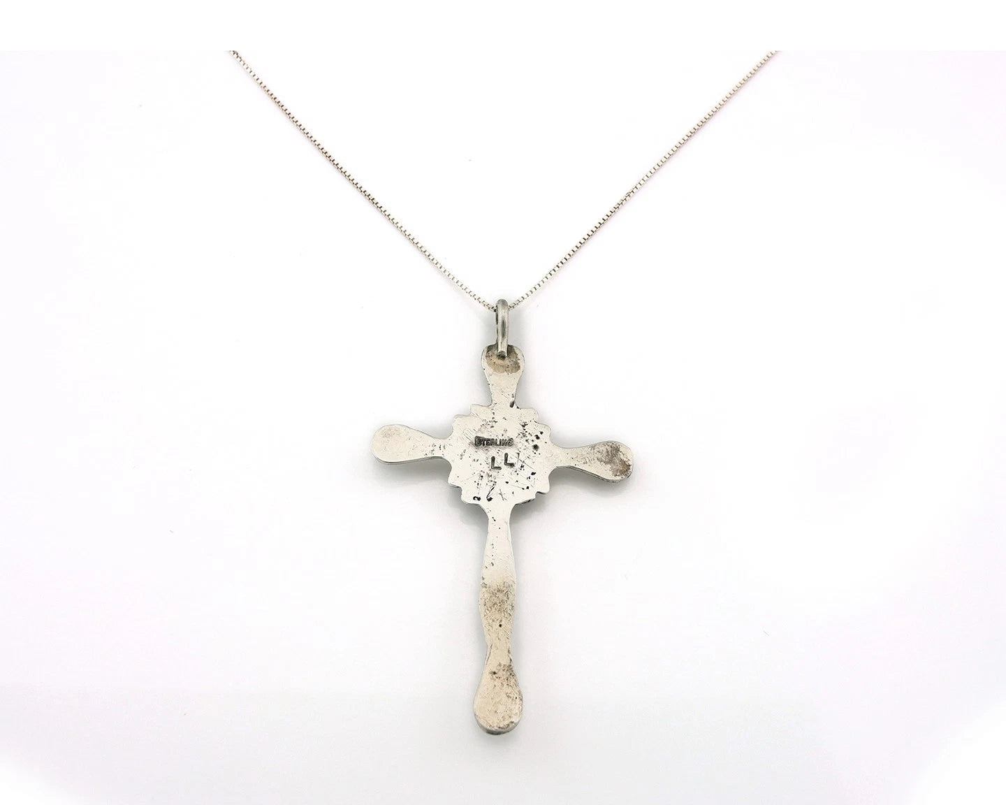 Navajo Cross Necklace Sterling Silver Turquoise Artist Signed LL Sand Cast