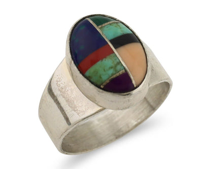 Zuni Inlaid Ring 925 Silver Mixed Natural Gemstones Native American Artist C.80s