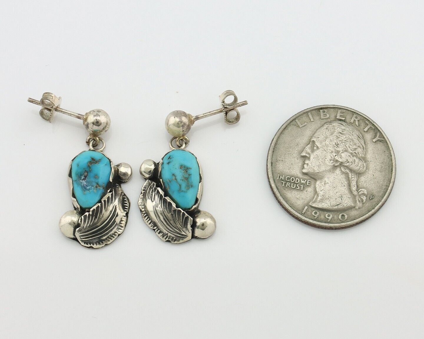 Zuni Dangle Handmade Earrings 925 Silver Blue Turquoise Native Artist C.80's