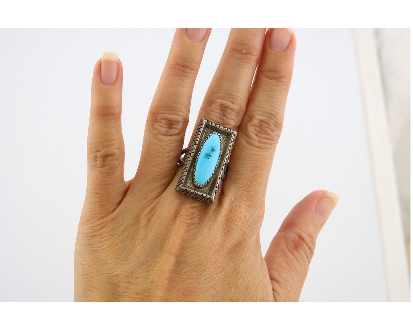 Navajo Ring 925 Sterling Natural Blue Turquoise Native Artist C.80's Size 8.5