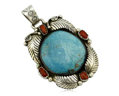 Navajo Natural Turquoise & Red Coral Pendant .925 Silver Signed Gomez C.2005