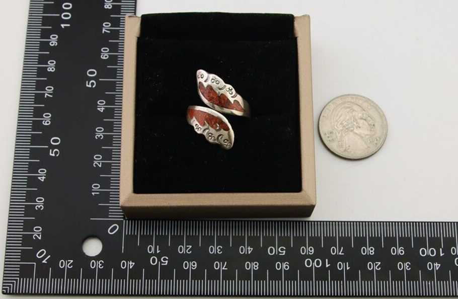 Navajo Ring 925 Silver Chip Inlay Coral Native Artist C.80's