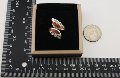 Navajo Ring 925 Silver Chip Inlay Coral Native Artist C.80's