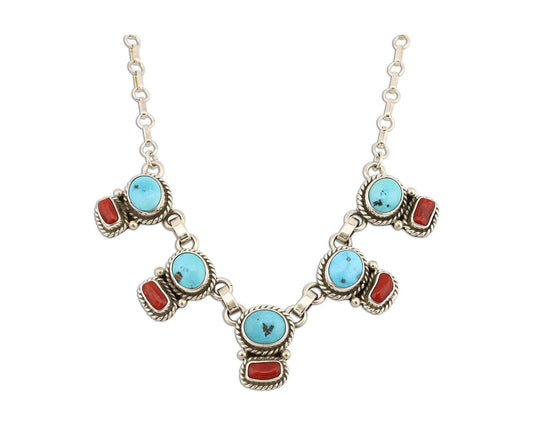 Navajo Necklace 925 Silver Natural Blue Turquoise & Coral Native American C80s