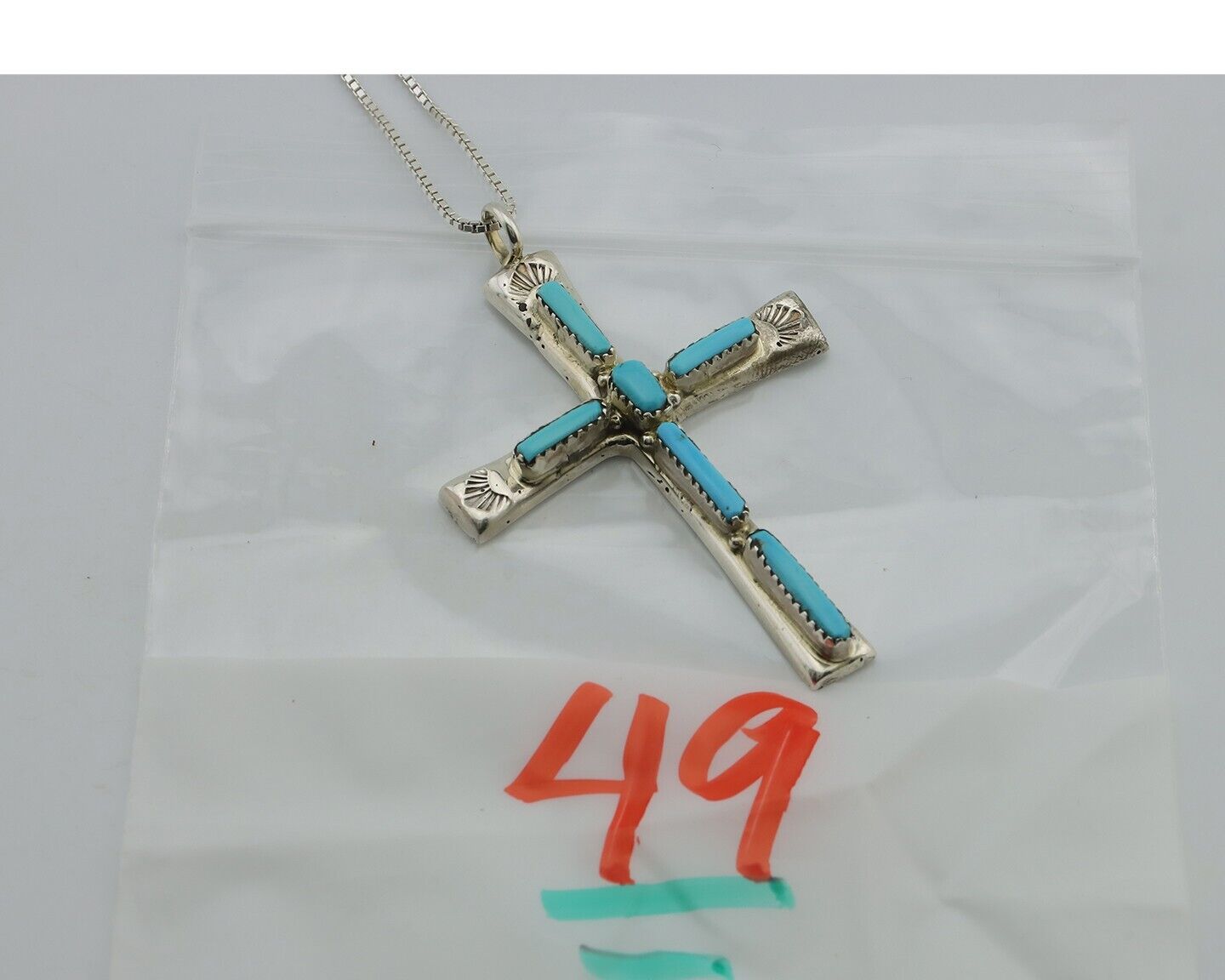 Zuni Cross Necklace 925 Silver Blue Turquoise Signed L IULI C.80's