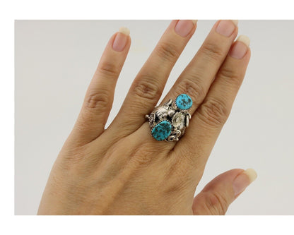 Navajo Handmade Ring 925 Silver Sleeping B Turquoise Artist Signed IHMJ C.80's