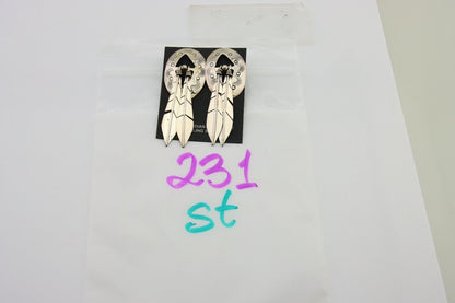 Navajo Feather Earrings 925 Silver Dangle Artist Signed DISHTA C.80's