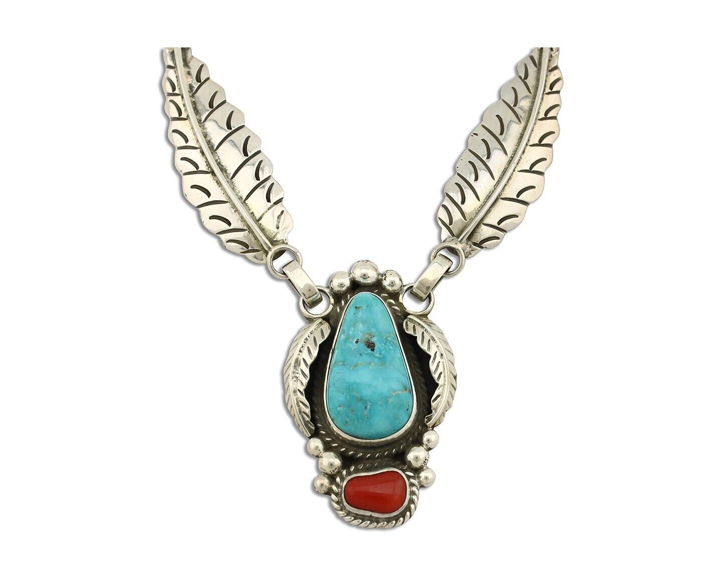 Navajo Necklace 925 Silver Turquoise & Coral Artist Signed Rabbit Stick C.2008