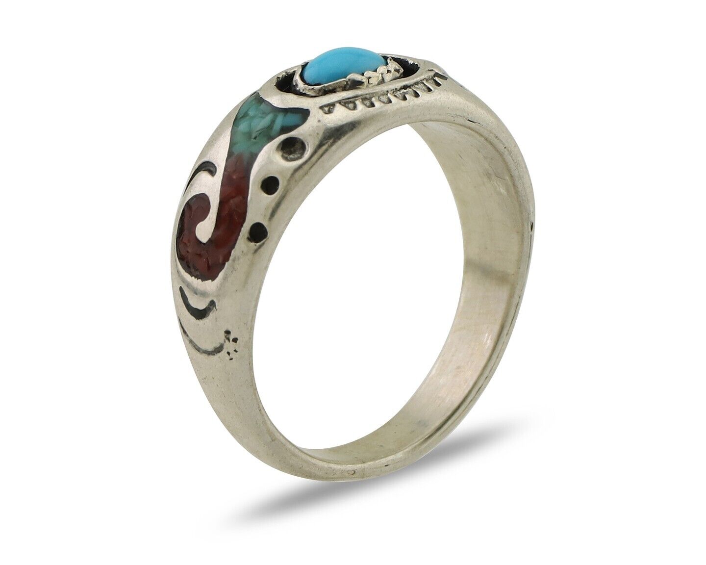 Navajo Ring 925 Silver Turquoise & Coral Natural American Artist C.80's