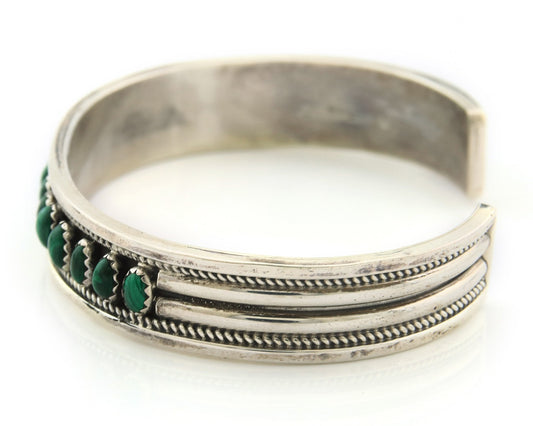 Navajo Cuff Bracelet Sterling Silver Natural Malachite Vintage Signed CC?