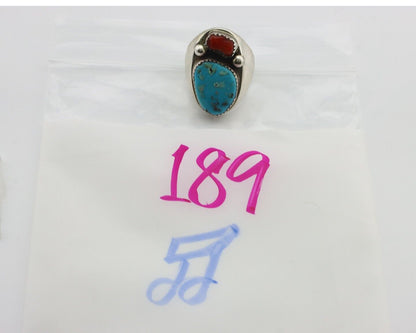 Navajo Ring 925 Silver Sleeping Beauty Turquoise & Coral Native Artist C.80s