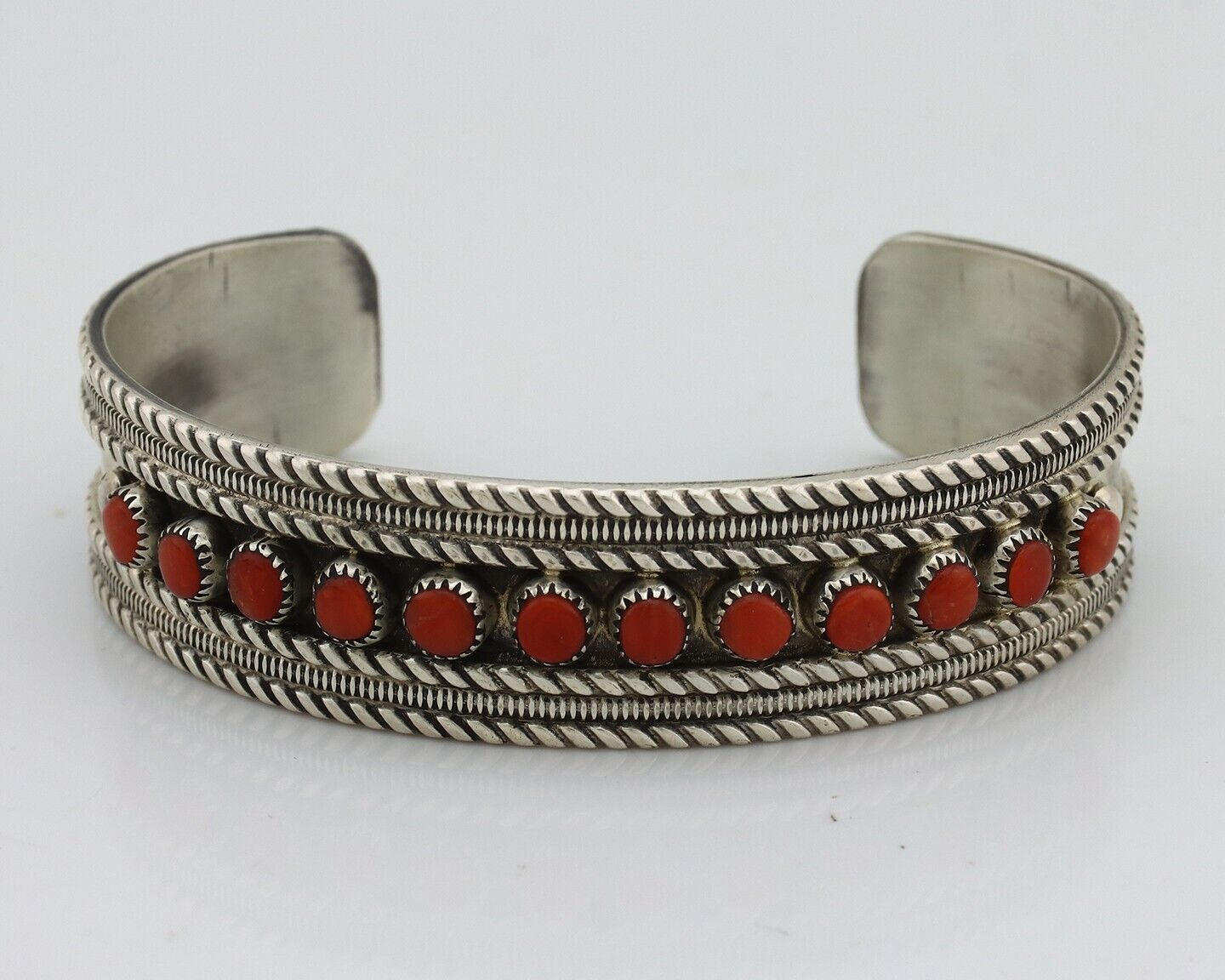 Zuni Bracelet 925 Silver Natural Red Coral Artist Signed B NATEWA C.80's