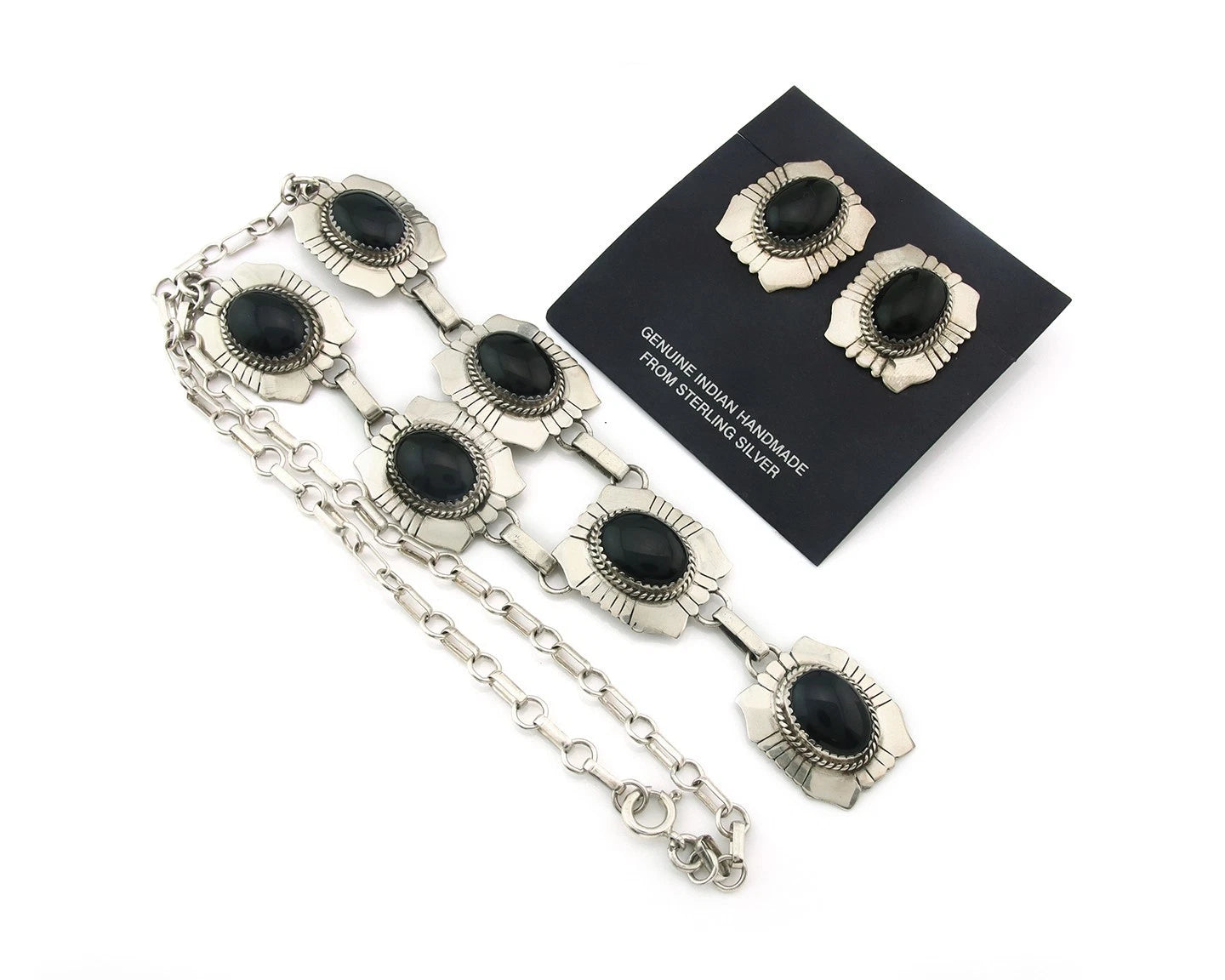Navajo Necklace Earring Set Sterling Silver Onyx Vintage Signed Begay