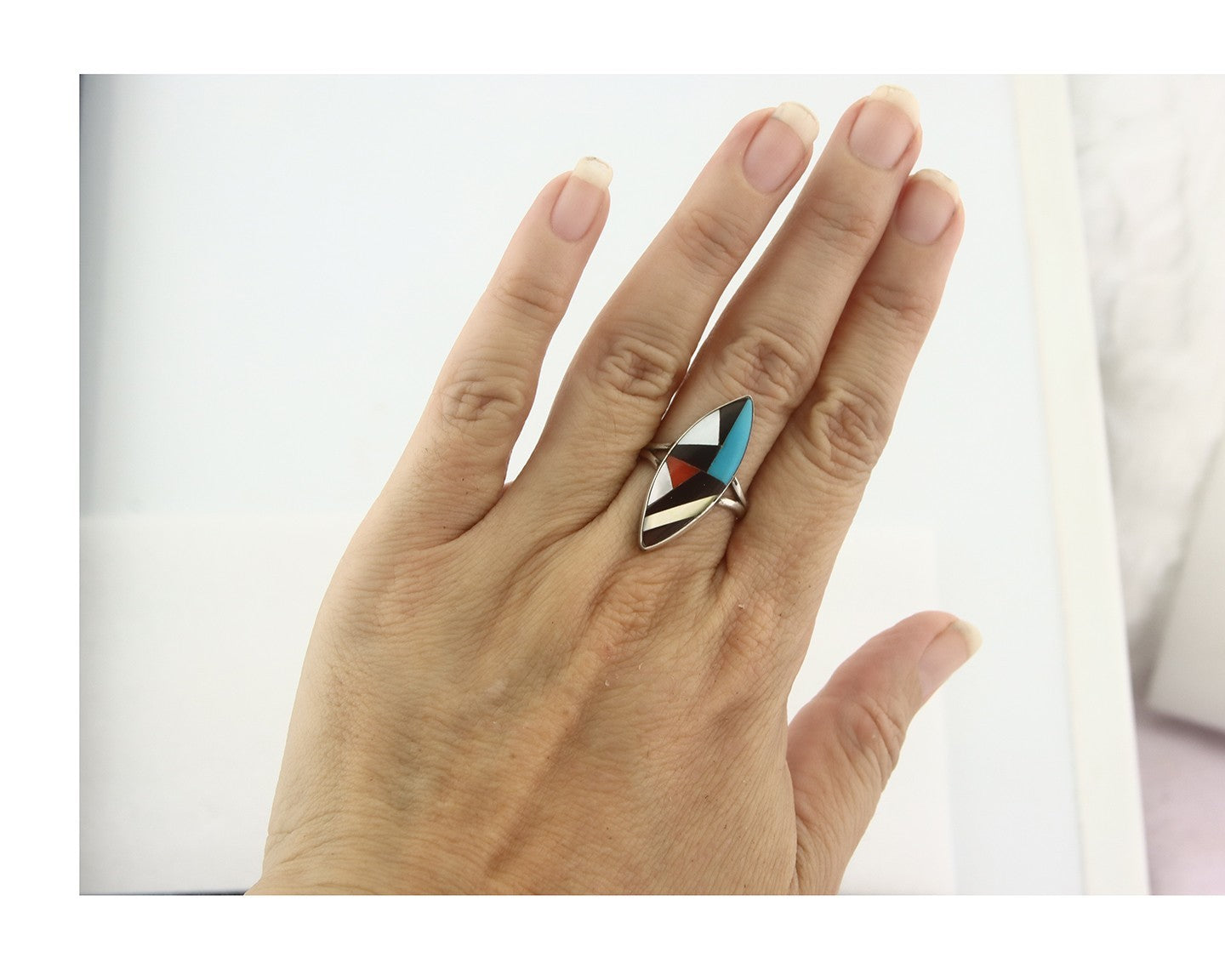 Vintage Zuni Ring 925 Sterling Silver Natural Gemstone Signed MK Size 7.5