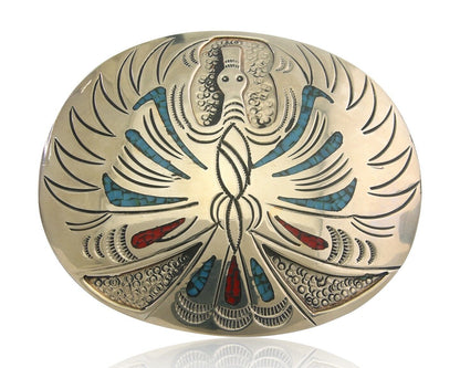 Navajo Belt Buckle .999 Nickel Buffalo Gemstone Signed Chee Keams 3x3.5 in C.80s