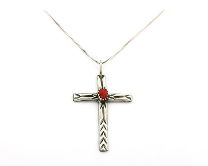 Navajo Cross Necklace Sterling Silver Coral Authentic Signed Arthur Williams