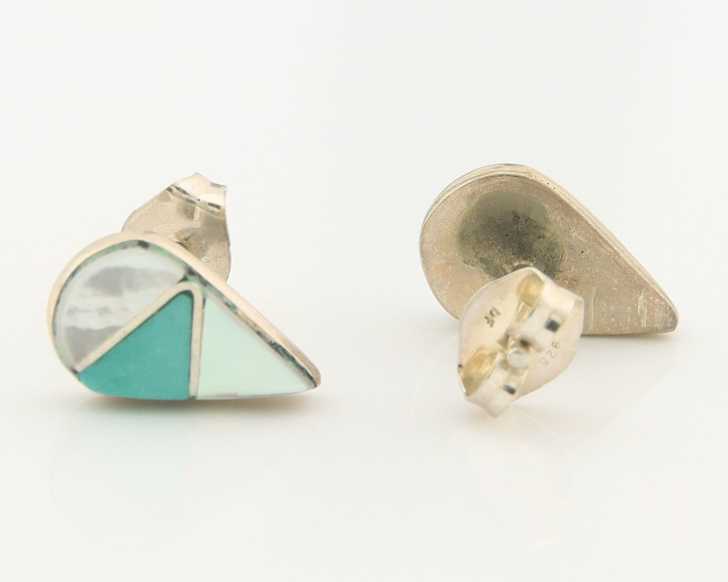 Navajo Earrings Sterling Silver Inlaid Turquoise & MOP Vintage Handmade