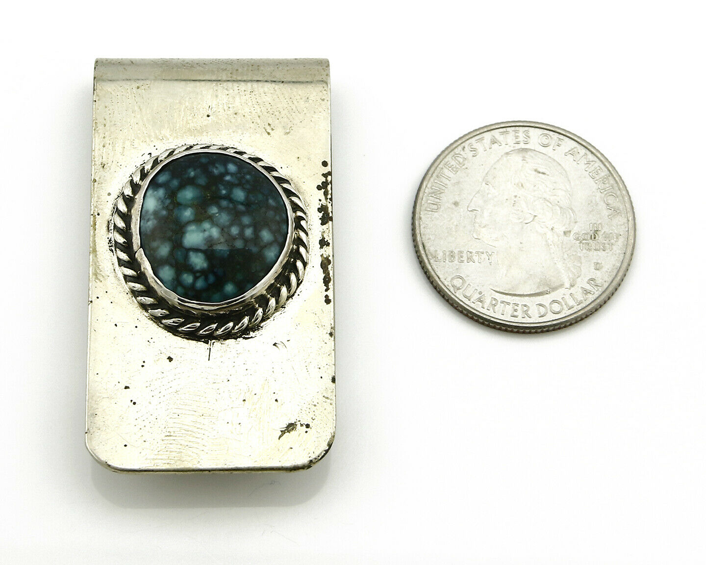 Navajo Money Clip .925 Silver & Nickle China MTN Turquoise Artist Native C.1990