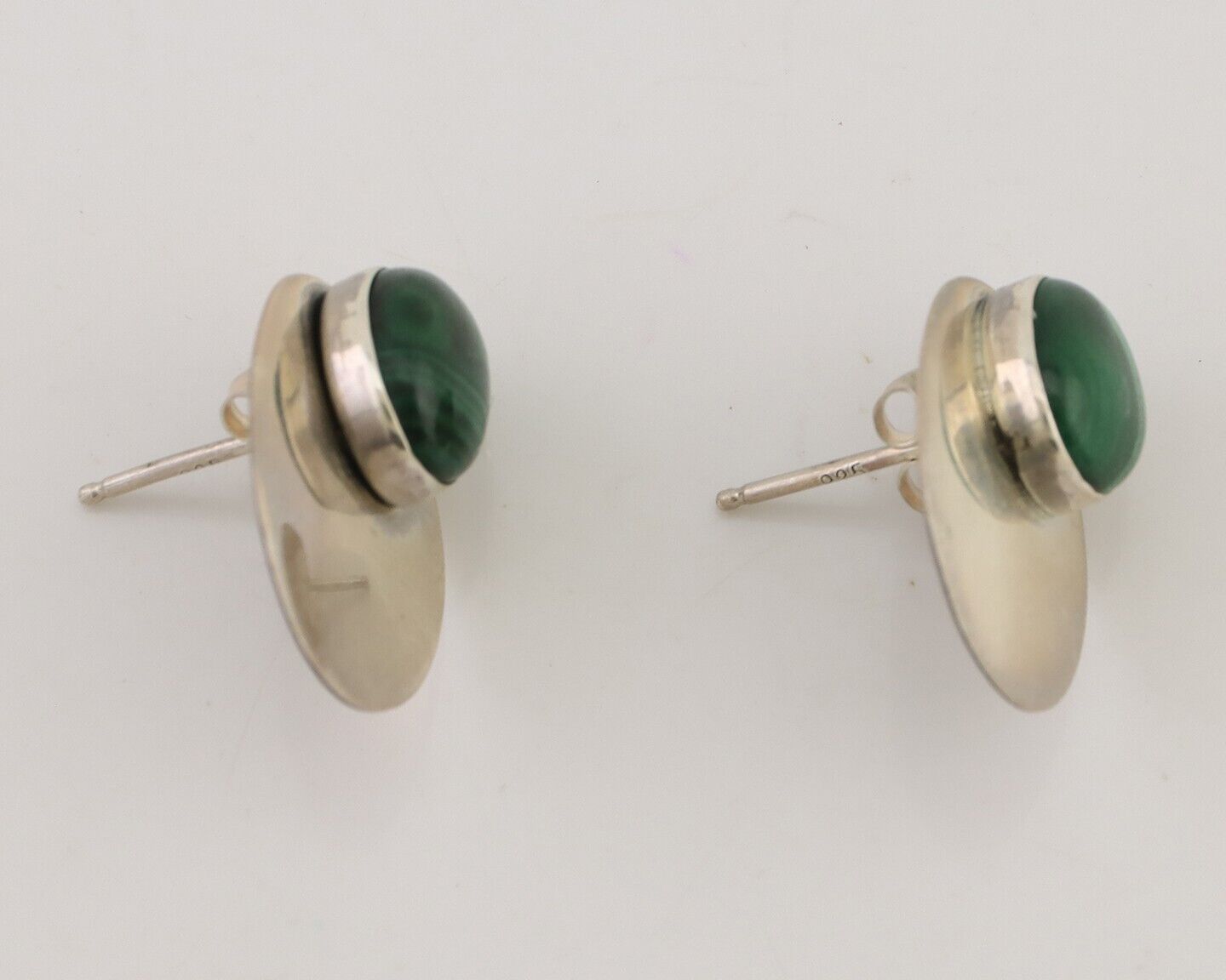 Navajo Shield Earrings 925 Silver Natural Malachite Signed Ella Peters C.80's